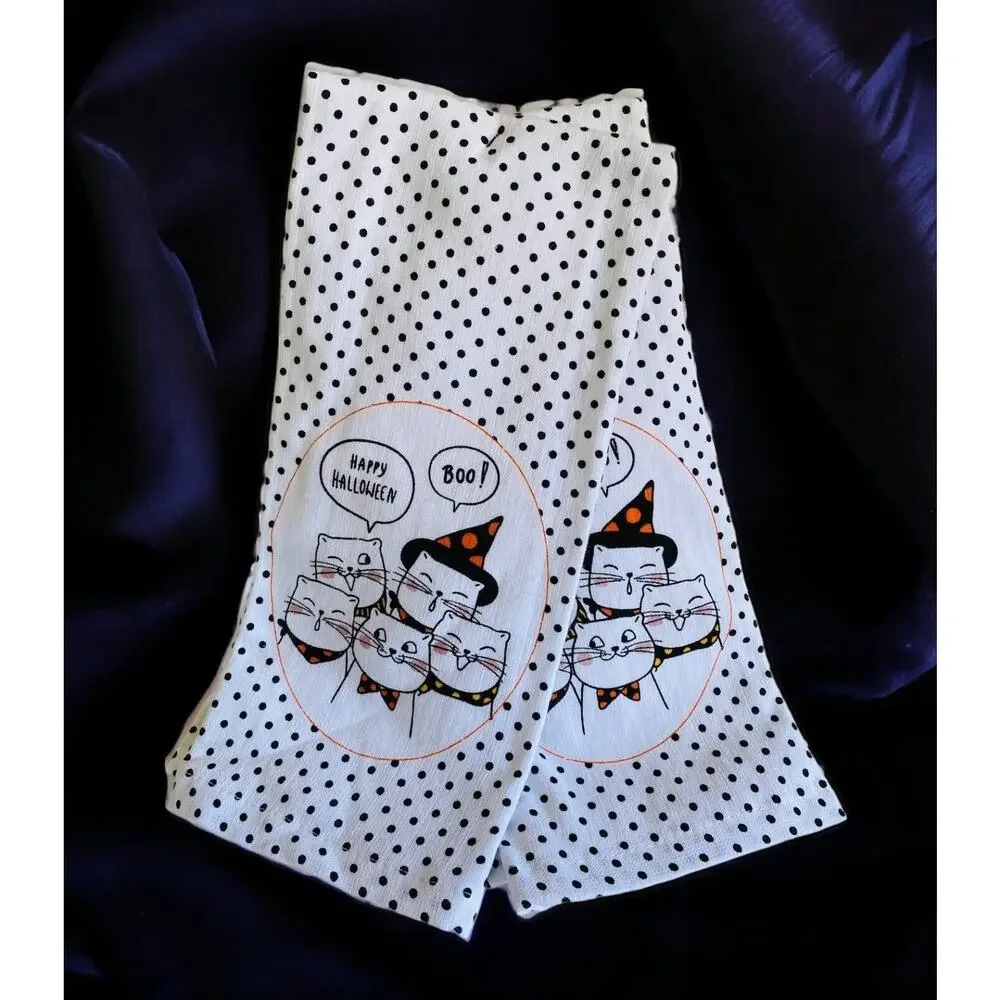 NWT Happy Halloween Witch Boo Cats Polka Dot Dish Kitchen Cat Towel Set